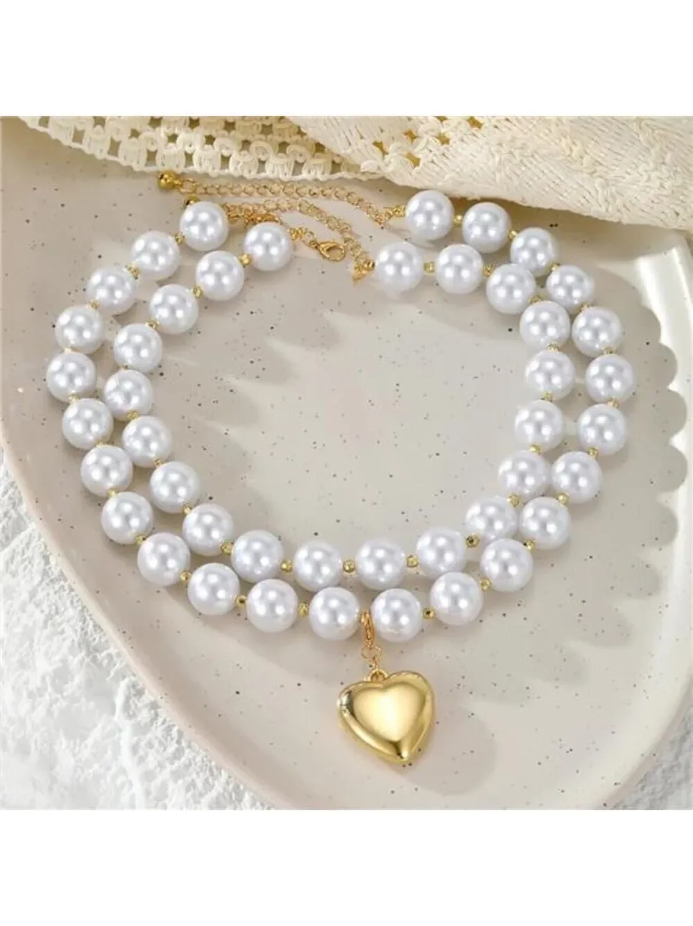 Chunky Pearl Gold Heart Necklace Large Round Bead Layered Necklace